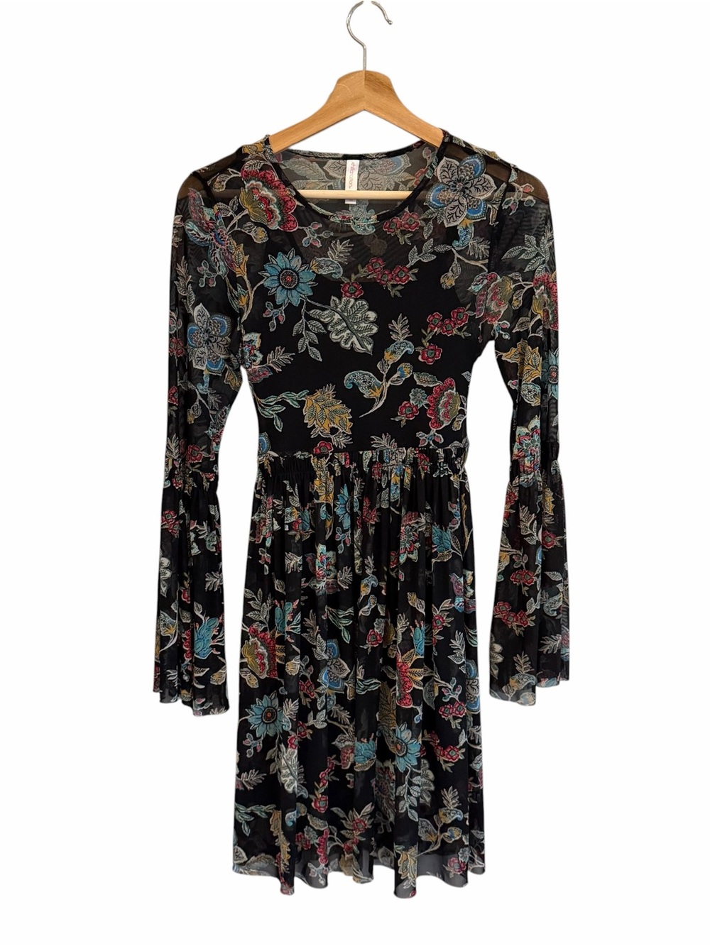 Xhilaration Womens Whimsigoth Boho Floral Mesh Dress Size XS Sheer Bell Sleeves